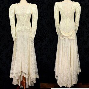 80s Ivory ZURICON METHOD PRESTIGE Satin Lace Overlay High Low Wedding Dress